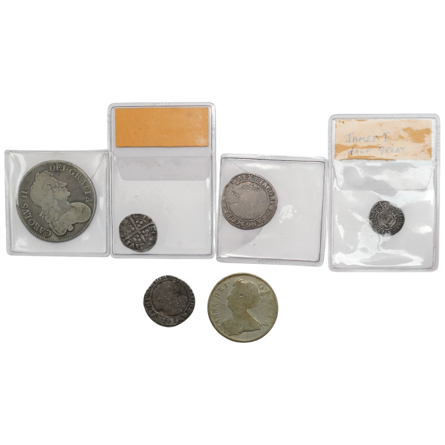 British hammered and milled silver coins, Medieval to Stuart period, including Edward I Penny, Canterbury mint, fine, an Elizabeth I sixpence, a James I halfgroat, fine, a James I sixpence, 1604, VG, a Charles II crown,